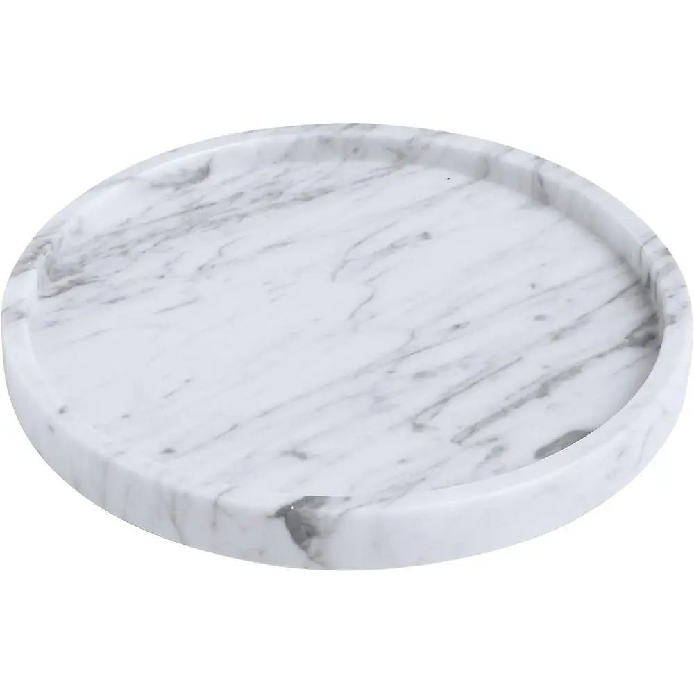 

Decorative Round Marble Tray with Anti-Slip Pads, 10 Inches Diameter, Natural White Stone Vanity Organizer (Large)