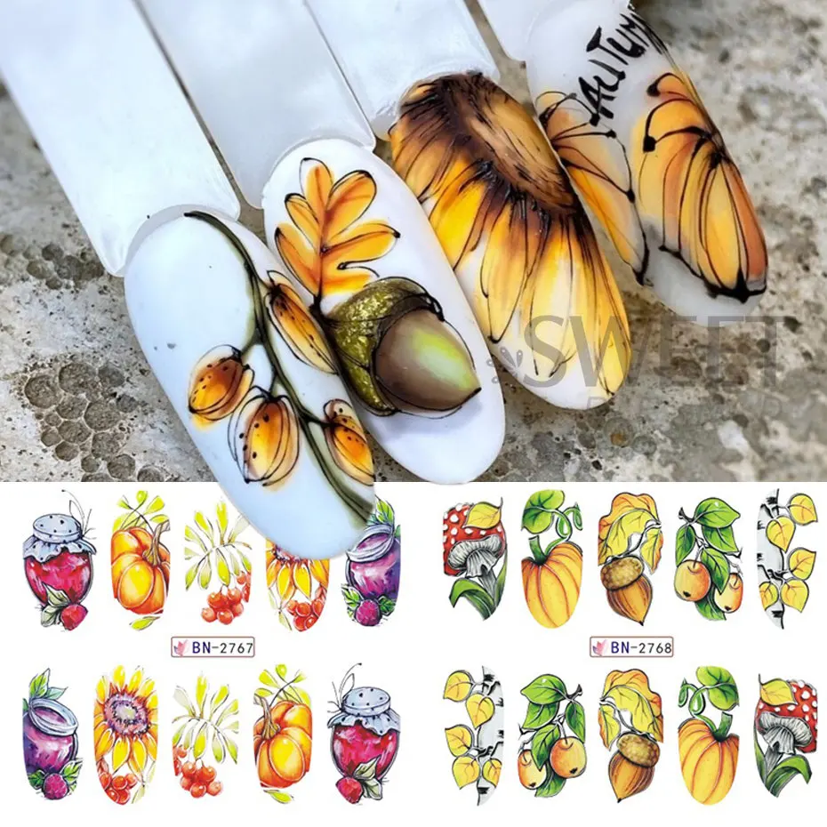 Autocollants pour les ongles, feuilles d'érable d'automne, motif dessin animé, Aliments, décalcomanies, transfert à l'eau, vernis gel, feuilles de manucure DIY, 12 pièces