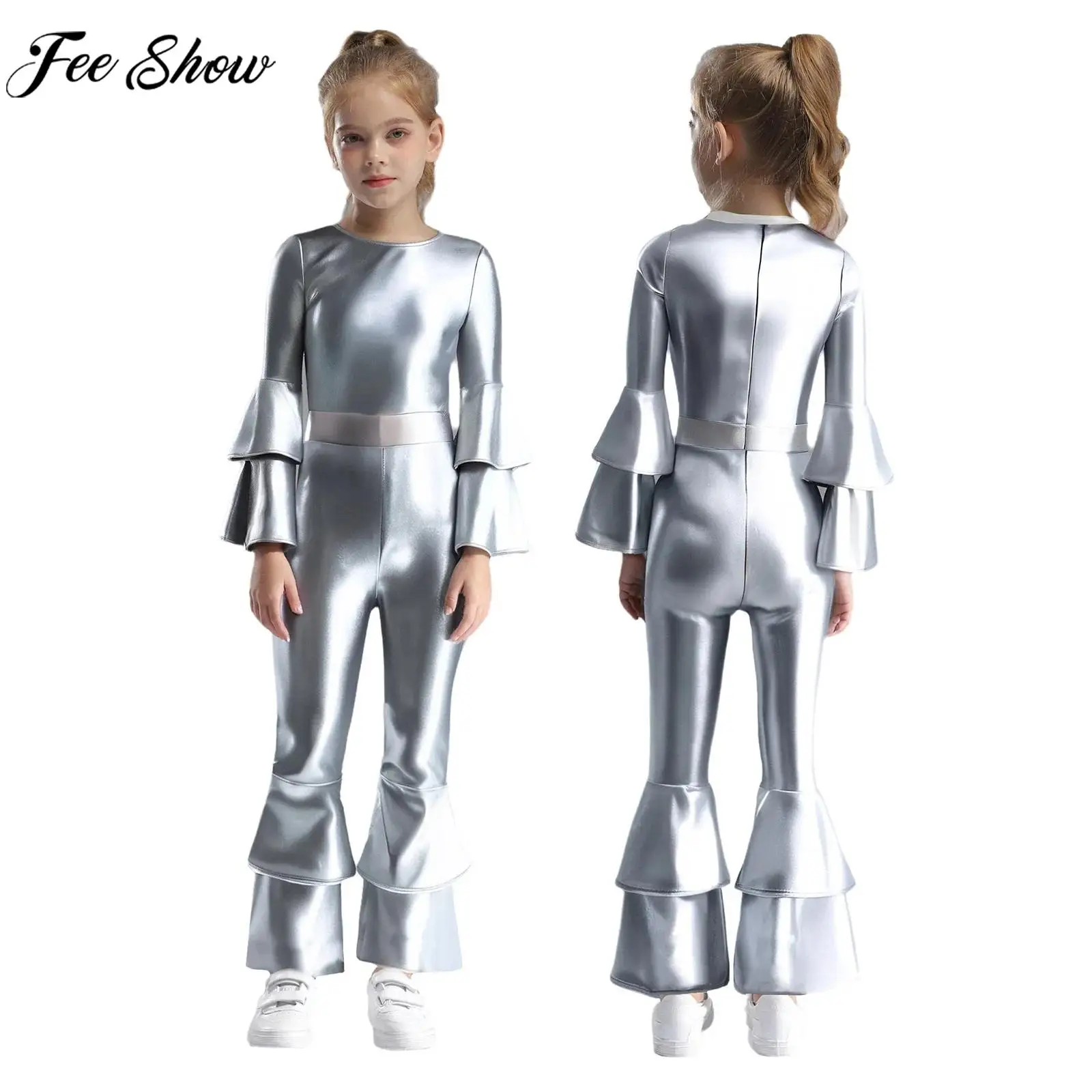 

Children Girls 70-80s Jumpsuit Disco Halloween Carnival Party Hippie Cosplay Costume Long Sleeve Metallic Shiny Flared Bodysuit