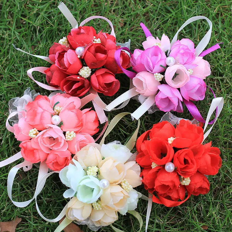 1pcs ประณีตเทียมดอกไม้พรหม Corsage ข้อมือสร้อยข้อมือดอกไม้ตกแต่งเจ้าสาวช่อดอกไม้งานแต่งงานรถ DIY ตกแต่ง