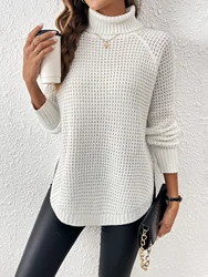 Women Turtle Neck Lantem Long Sleve Jumper Tops Oversized High Side Split Knit Sweater Trendy Slouchy Chunky Pullover