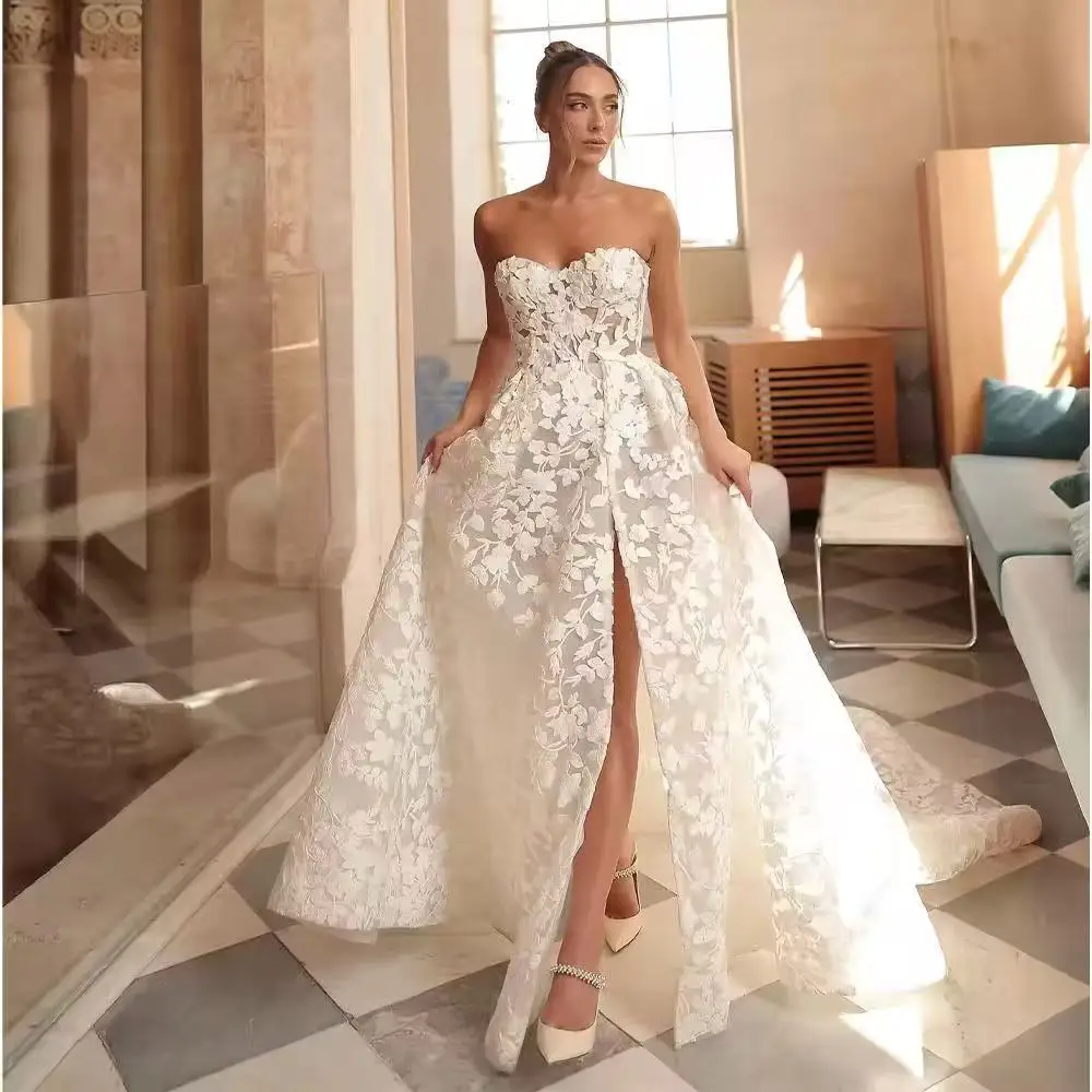 فستان زفاف رائع على شكل حرف A بدون أكمام مزين بالدانتيل سويب تراين فستان زفاف مخصص فيستدوس دي نوفيا #1