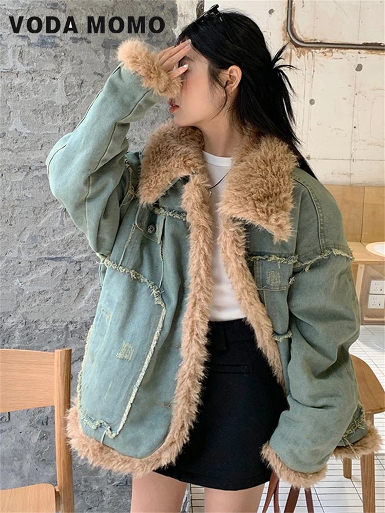 

Winter Thicken Warm Top Loose Cotton Jeans Jacket Street Lamb Wool Outwear Vintage Korean Denim Wool Collar Stitching Coat Women