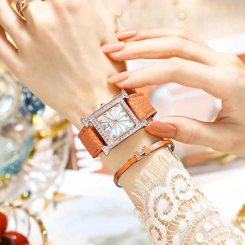 女性のための高級クォーツ時計,エレガントなファッション,正方形,耐水性,革,ガールフレンドへのギフト