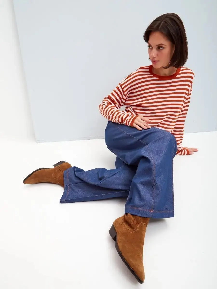 เสื้อยืดคอกลมแขนยาวทรงหลวมใส่ในวันหยุดของผู้หญิงเสื้อยืดผ้าบางธรรมดาเสื้อยืดลายทางคอกลมแขนยาวสีส้มล้วน