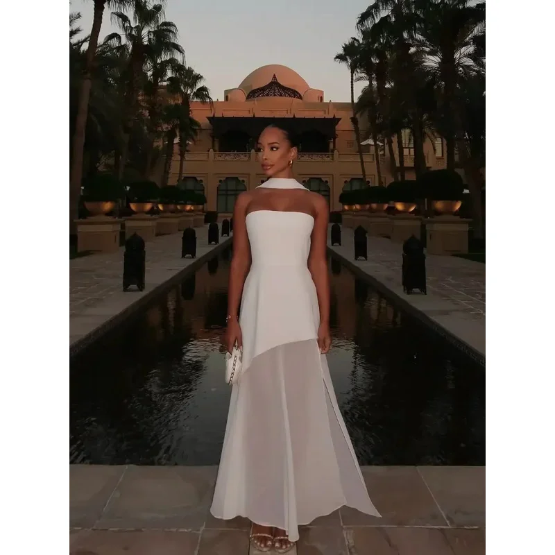 JINIA Strapless Ribbon Maxi Dress |   Mesh Patchwork Backless Elegant Beach Vacation Robe 2025