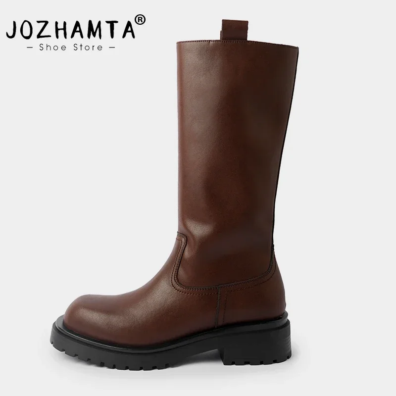 JOZHAMTA Size 34-40 Women Knee Boots Genuine Leather Casual Wide Calf Block Heels Shoes Winter 2025 Long Boots Office Lady Dress