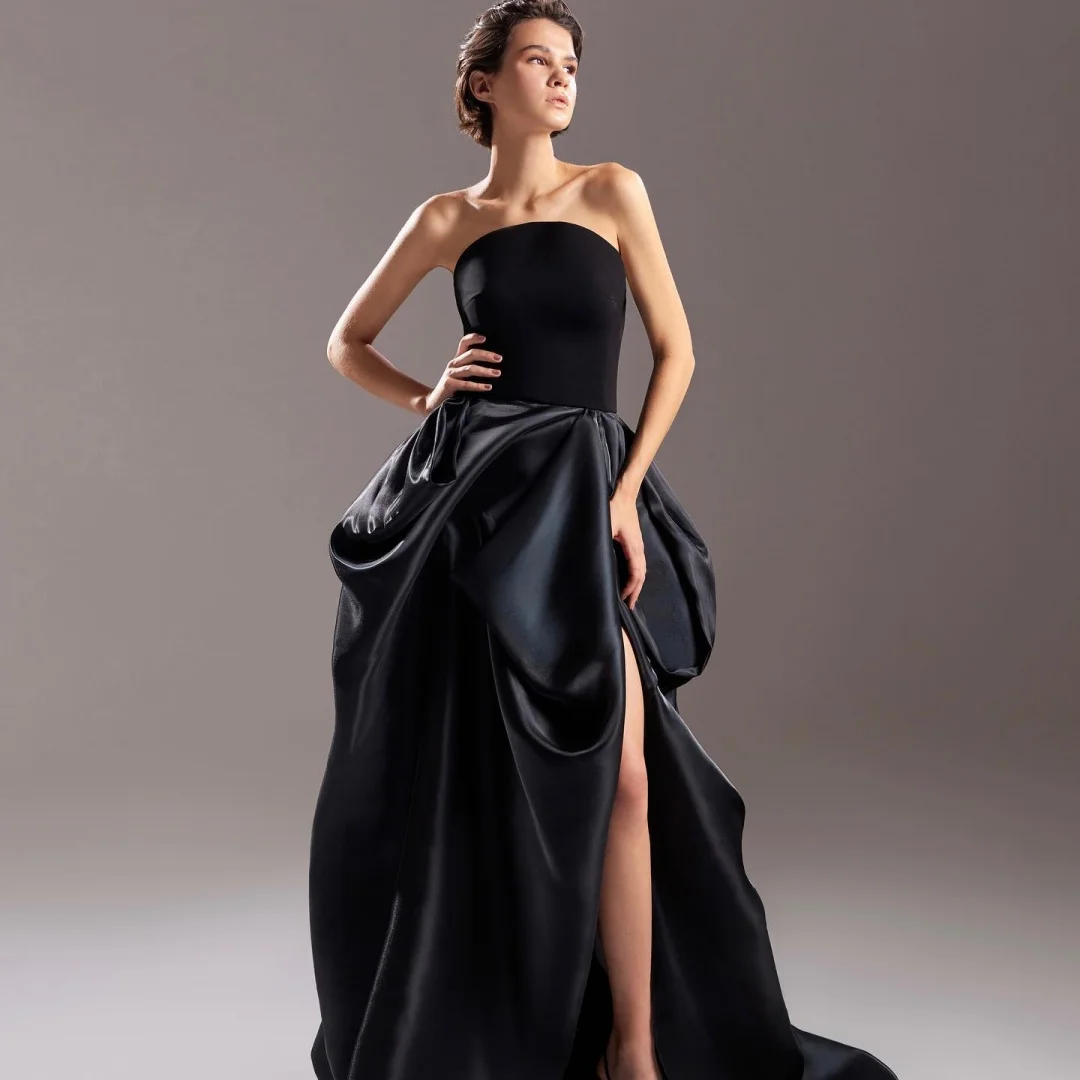 

Customized High Quality Satin A-Line Evening Dresses Zipper Back Strapless Sleeveless Black Panel Train Homecoming Dress