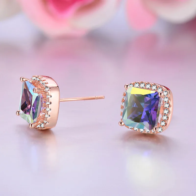 Classic Rose Gold-Tone Square Full Of Diamond Stud Earrings For Womens Geometric Zircon Valentine's Day Gift jewelry