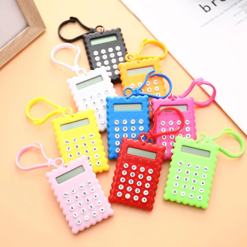 Plastic Student Mini Electronic Calculator with Keychain Mini Arithmetic Calculator Biscuit Shape School Office Mini Calculator