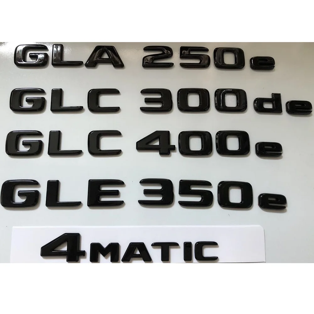 Glänzend schwarze buchstaben embleme für mercedes benz new energy cla250e e300de gla250e glc300de glc400e gle350e gls350e 4matic