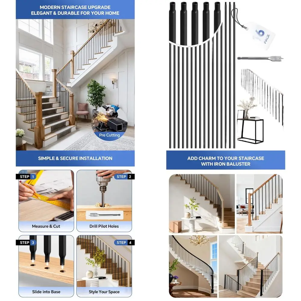 

44 квадратных полых металлических балясин, 16 штук в упаковке, черные, для внутренних лестничных ограждений, кованые железные шпиндели толщиной полдюйма