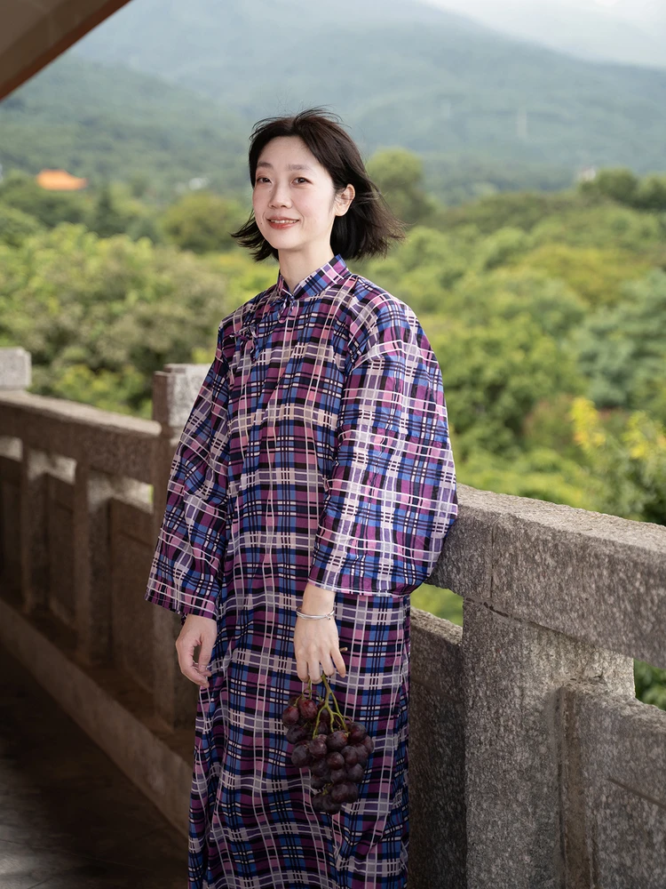 

Pure Cotton Purple Ultra Loose Qipao Dr Retro Sle Warm Long Sve Midi Skirt Daily Wear Plaid Pattern Chinese Aesthetic