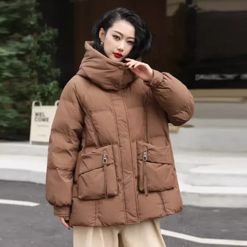 

Winter New Thickened Down Jacket White in The Long Section Korean Version of The Hooded Jacket Versatile Fashion Loose