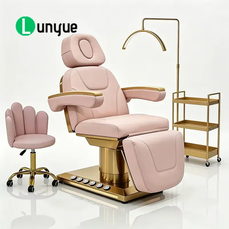 Modern Pink Gold Electric Massage Bed Triple Motor Deluxe Facial Spa Beauty Table with Light for Cosmetologist