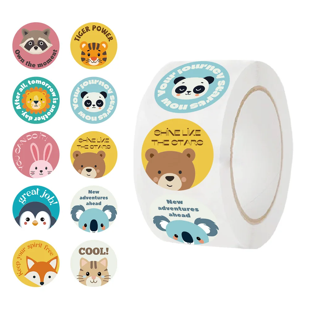 500 Pcs/Roll Cute Cartoon Animal Reward Stickers Inspirational Words Decals Colorful Round Roll Stickers Kids DIY Water Cup Toys