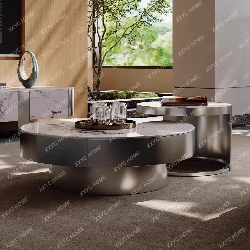 A Light Luxury Stone Slate Coffee Table Living Room Household Round Combination Modern