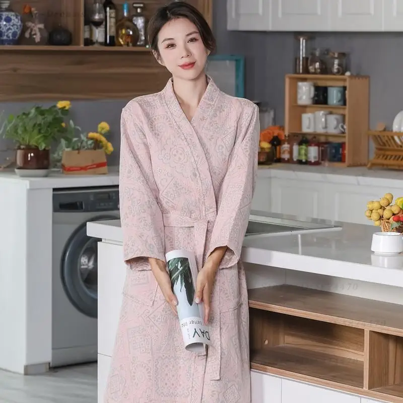 Women's Retro Printed Robe Japanese Kimono Bathrobe with Belt Spring Autumn Long Sleeved Nightgown Casual Cotton Sleepwear