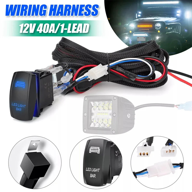 1 Set 12V LED Work Light Bar Laser Rocker Switch Harness Kit 40A Relay Fuse Set 3PIN Cables Adapters Sockets Auto Accessories