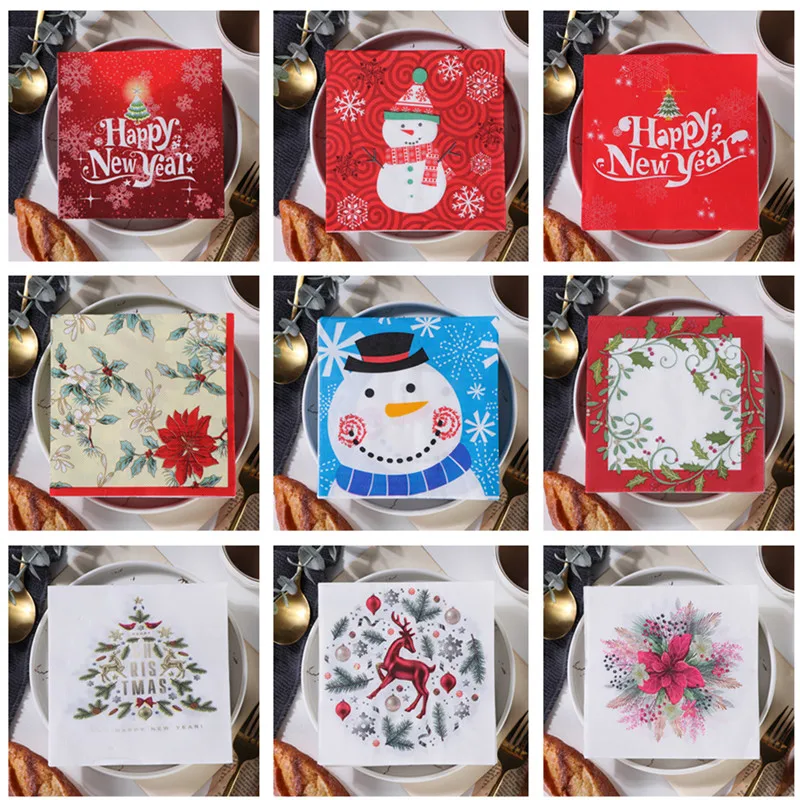 

20Pcs/Lot Christmas Series Printed Paper Disposable Dinner Table Napkin Tissues Xmas Happy New Year Party Decoration