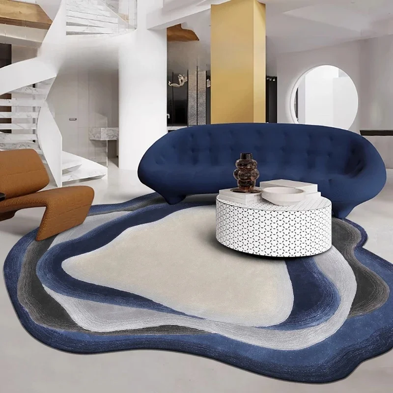 VIKAMA Organic Shape Abstract Rug Irregular Curve Gradient Blue Pattern Non Slip Washable Large Carpet for Bedroom Decor