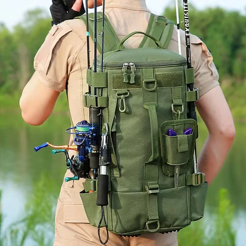 Imagen 2 del producto Mochila de pesca multifuncional, bolsa de aparejos con soportes para caña, almacenamiento de equipo de pescado, paquete Molle, bolsa para deportes al aire libre para acampar y senderismo