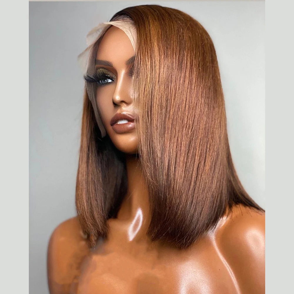 

180 Density Glueless Short Bob Ombre Brown Silky Straight Baby Hair Deep Lace Front Wig For Black Women Preplucked Fashion Daily