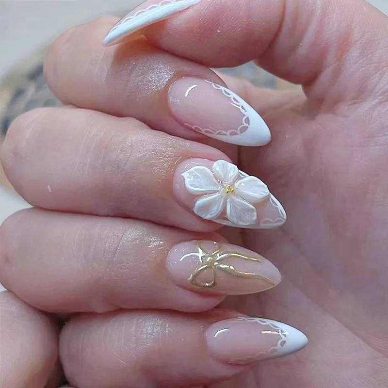 

24Pcs 3D Flower Bow Design False Nails with White Lace French Full Cover Fake Nails Simple Almond Detachable Press on Nails Tips