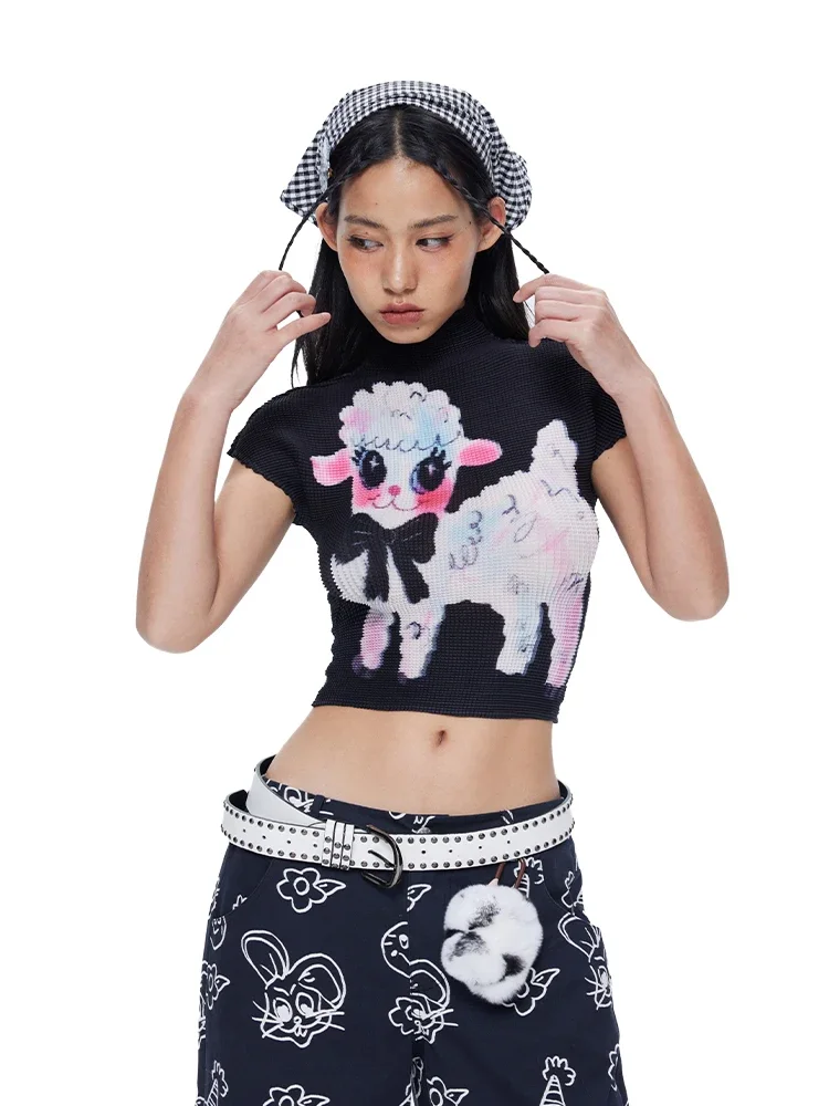 Estate donna coreano carino Core manica corta t-shirt Kawaii Kpop Tees dolcevita Crop top Coquette Gyaru 2000s estetica Stretch