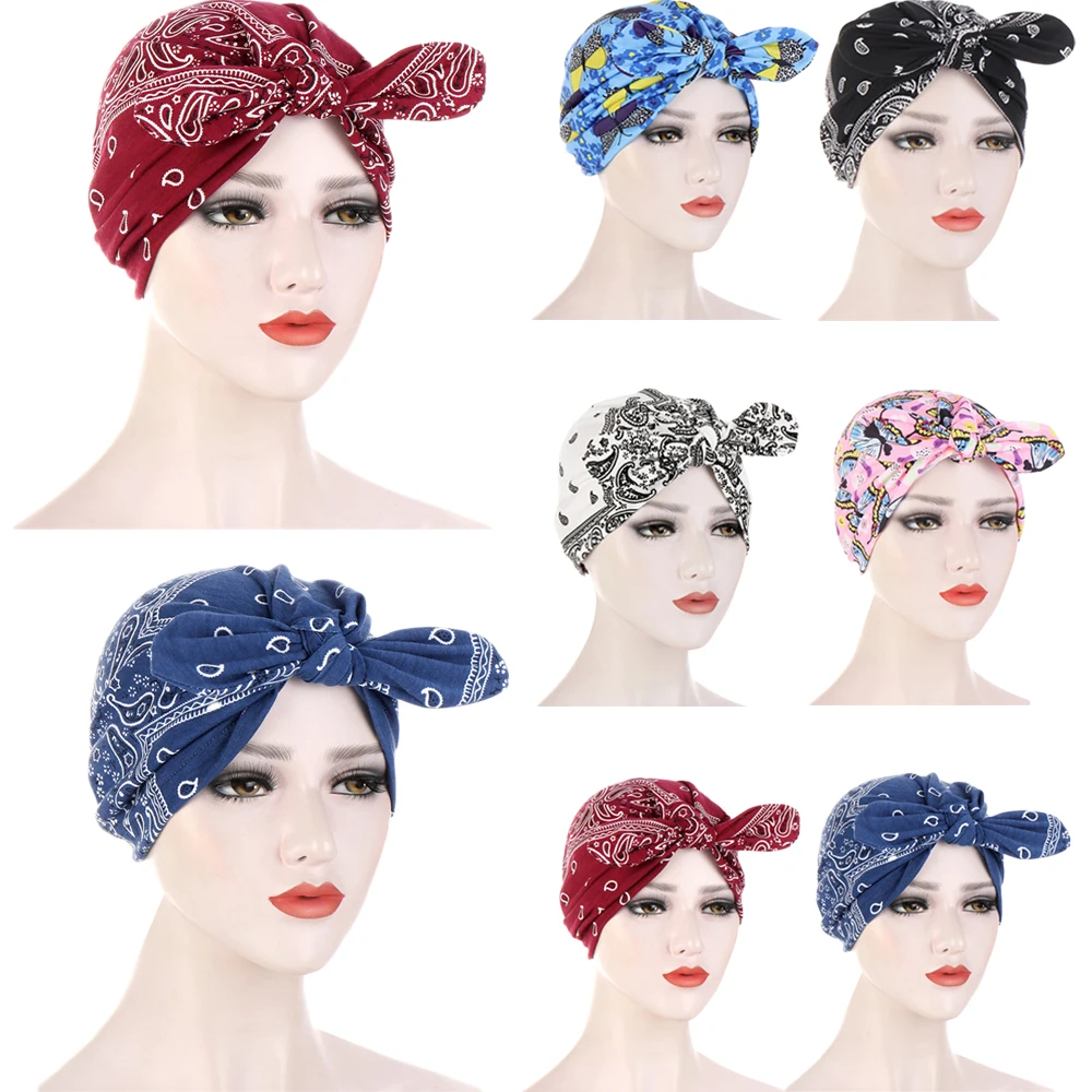 

Printed Bowknot Turban Women Muslim Inner Hijab Hat Beanies Headscarf Bonnet Chemo Cap Bandanas Hair Loss Wrap Headwear Mujer