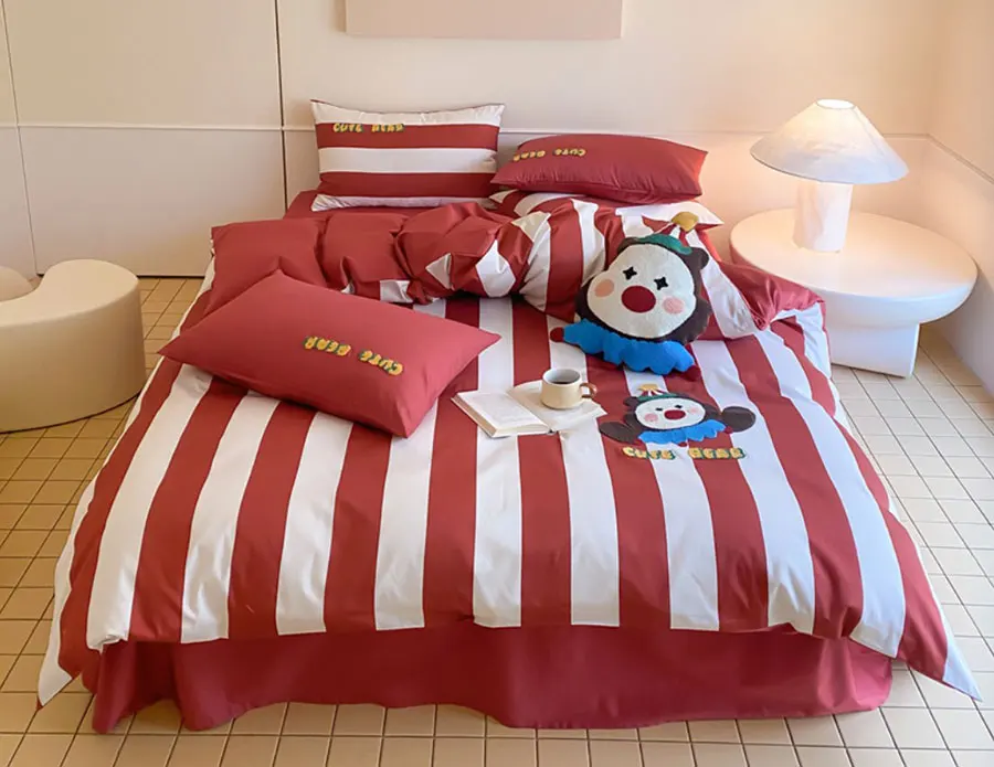 Cute circus clown bear red stripes bedding set teen,full queen king lovely cotton home textile bed sheet pillow case duvet cover