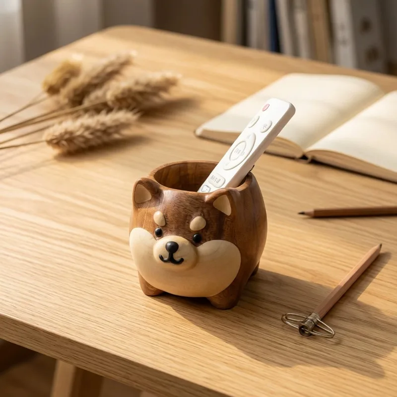 ✨ Cute Cartoon Shiba Inu Sheep Walnut Wood Pen Holder Pencil Organizer Multi Functional Desk Tidy Makeup Brush Holder