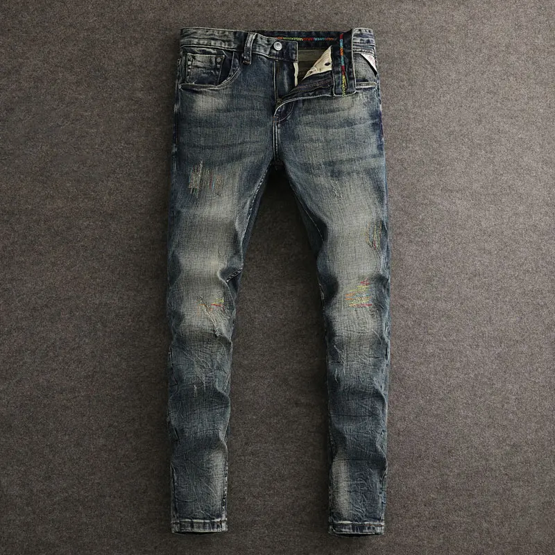 Designer Fashion New Jeans Elastic Tight Washed Jeans Retro Blue Men's High Quality Pants hombre