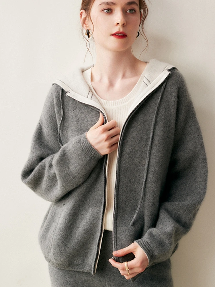 

High Quality 100% Cashmere Thick Cardigan Women Autumn Winter Sweater Comfort Zippers Casual Knitted Hoodie Korean Fashion Tops