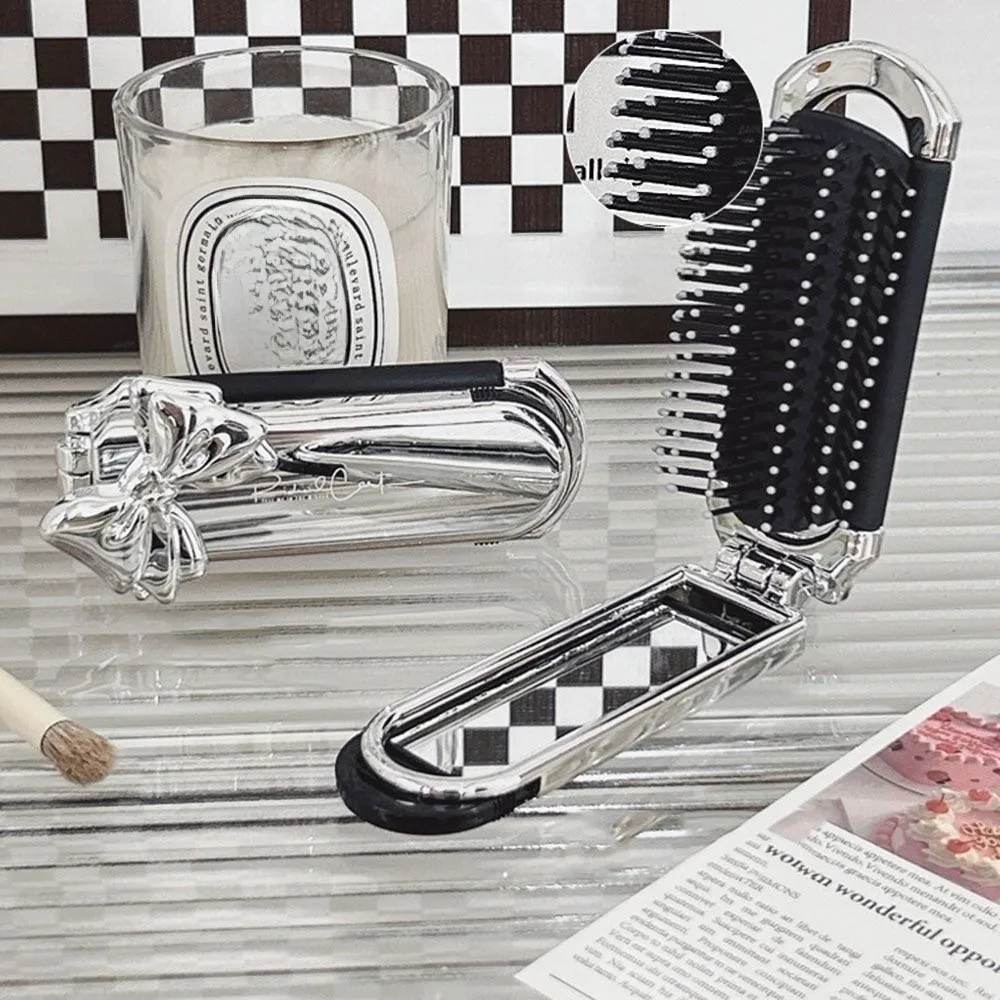 Folding Comb Mini 2 in 1 Comb Mirror Set Square Cartoon Foldable Hair Comb Pocket Mirror Silver Air Bag Hair Brush Travel
