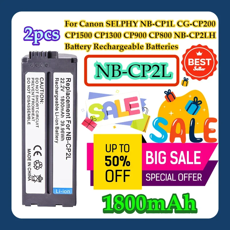 2pcs For Canon SELPHY NB-CP1L CG-CP200 CP1500 CP1300 CP900 CP800 NB-CP2LH NB-CP2L Battery 1800mAh Rechargeable Batteries
