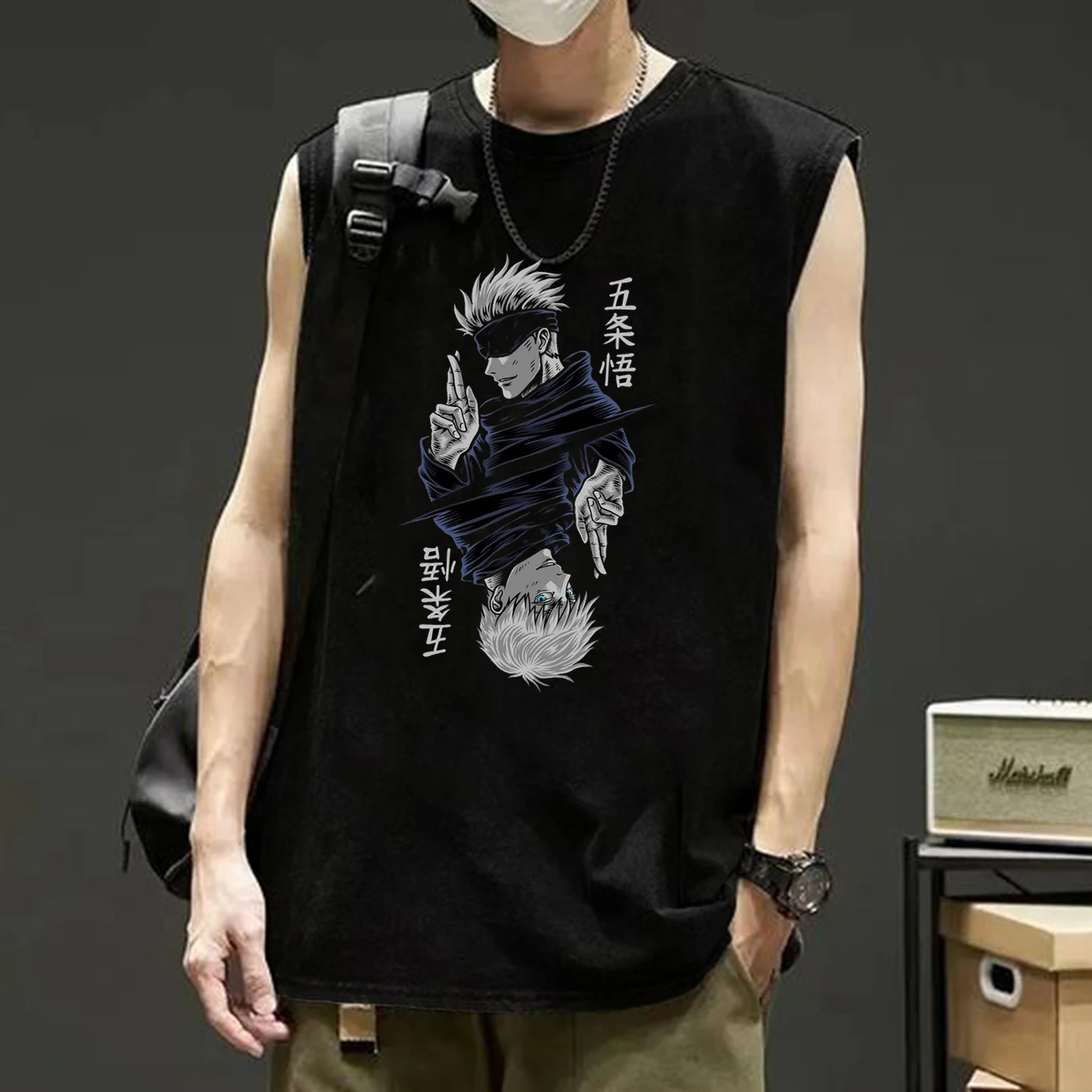 

2024 Japan Jujutsu Kaisen Gojo Anime Men's Sleeveless Fashion Manga Gojo Satoru Graphic Print T-Shirt Summer Vest Black Top