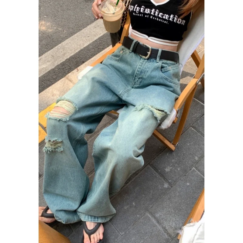 

Blue High Waist Jeans for Women Worn-out American Vintage Fashion Streetwear Wide Leg Jean Female Trouser Y2K Baggy Denim Pants