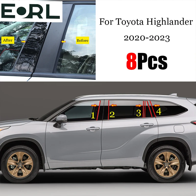 

For Toyota Highlander 2020 2021 2022 2023 Car Door Window Middle Column Trim Protection PC Black Strip Decoration Sticker 8 PCS