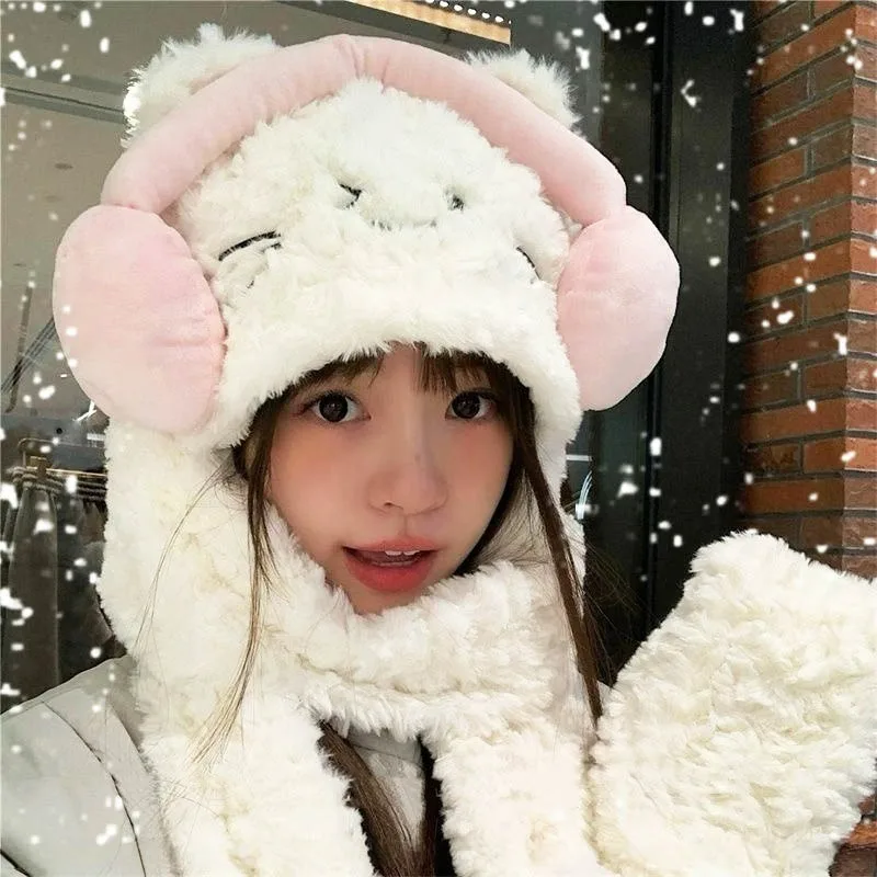 

Winter Headphone Hat Cat Ear Beanie with Scarf Plush Thick Fleece Lined Warm Cap for Women Girls Kawaii Adjustable Lovely Hats