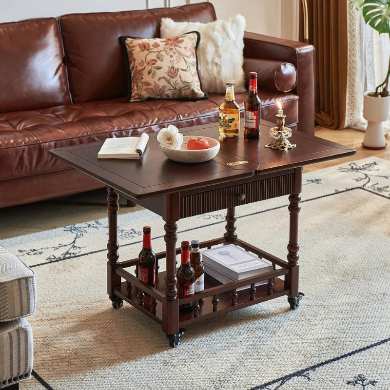 

Solid wood coffee table household living room trolley antique movable folding coffee table retro sofa edge table