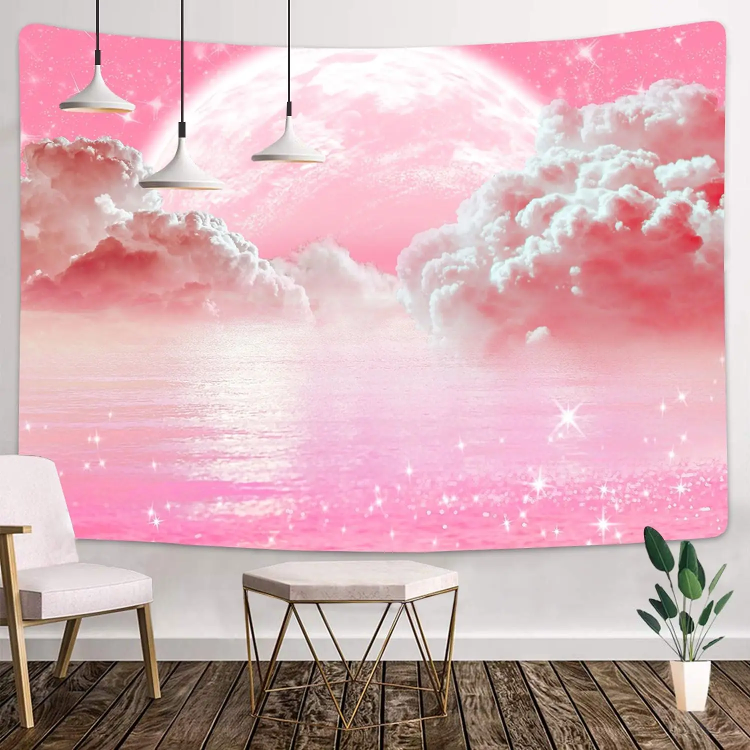 Pink Clouds Sky Tapestry Ocean Moon Stars Nature Landscape Tapestry Fantasy White Cloud Aesthetic Tapestries Wall Hanging for