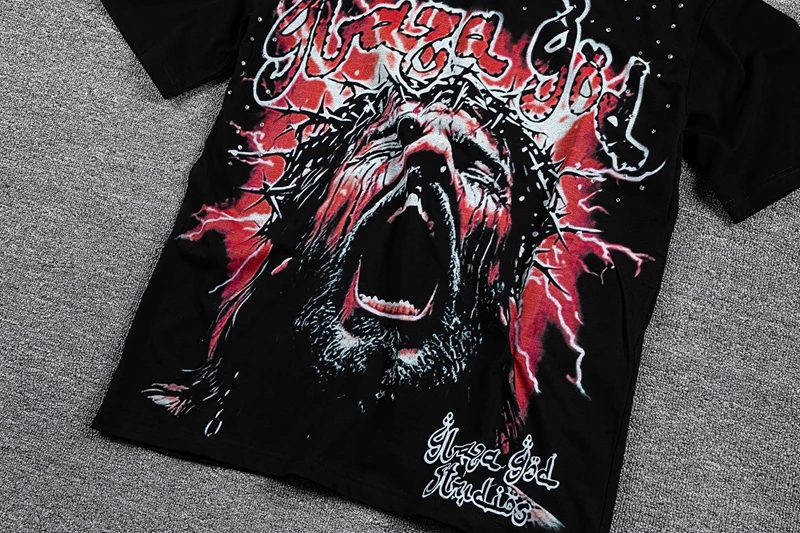 Streetwear-Mode Strass-Figuren-Grafik T-Shirt für Männer und Frauen, Übergroße Schwarze Gewaschene T-Shirts mit Schriftzug-Druck, Freizeitkleidung – Detail 5