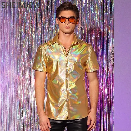 

Men's Shiny Metal Laser Shirt Short Sleeve Lapel Shirt Button-down Shiny Disco Costume Cosplay Stage Performance Nightclub Dance