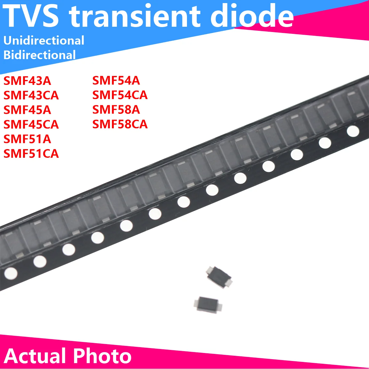 50 pz diodo SMD SMF43F SMF43CA SMF45A SMF45CA SMF51A SMF51CA SMF54A SMF54CA SMF58A SMF58CA