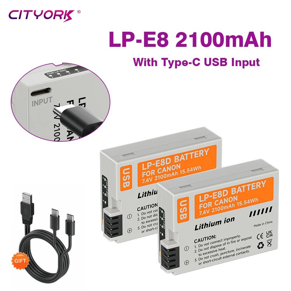 

CITYORK LPE8 LP E8 LP-E8 Battery with USB-C Input for CANON EOS Rebel T2i T3i T4i T5i 550D 600D 650D 700D Kiss X4 X5 X6i X7i