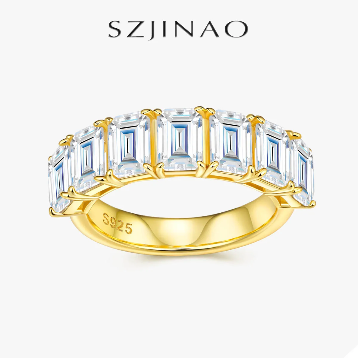 

7 Stone Emerald Cut Moissanite Ring 5.6cttw GRA Certified 18K Gold Plated for Women 925 Sterling Silver Fashion Luxury Jewelry