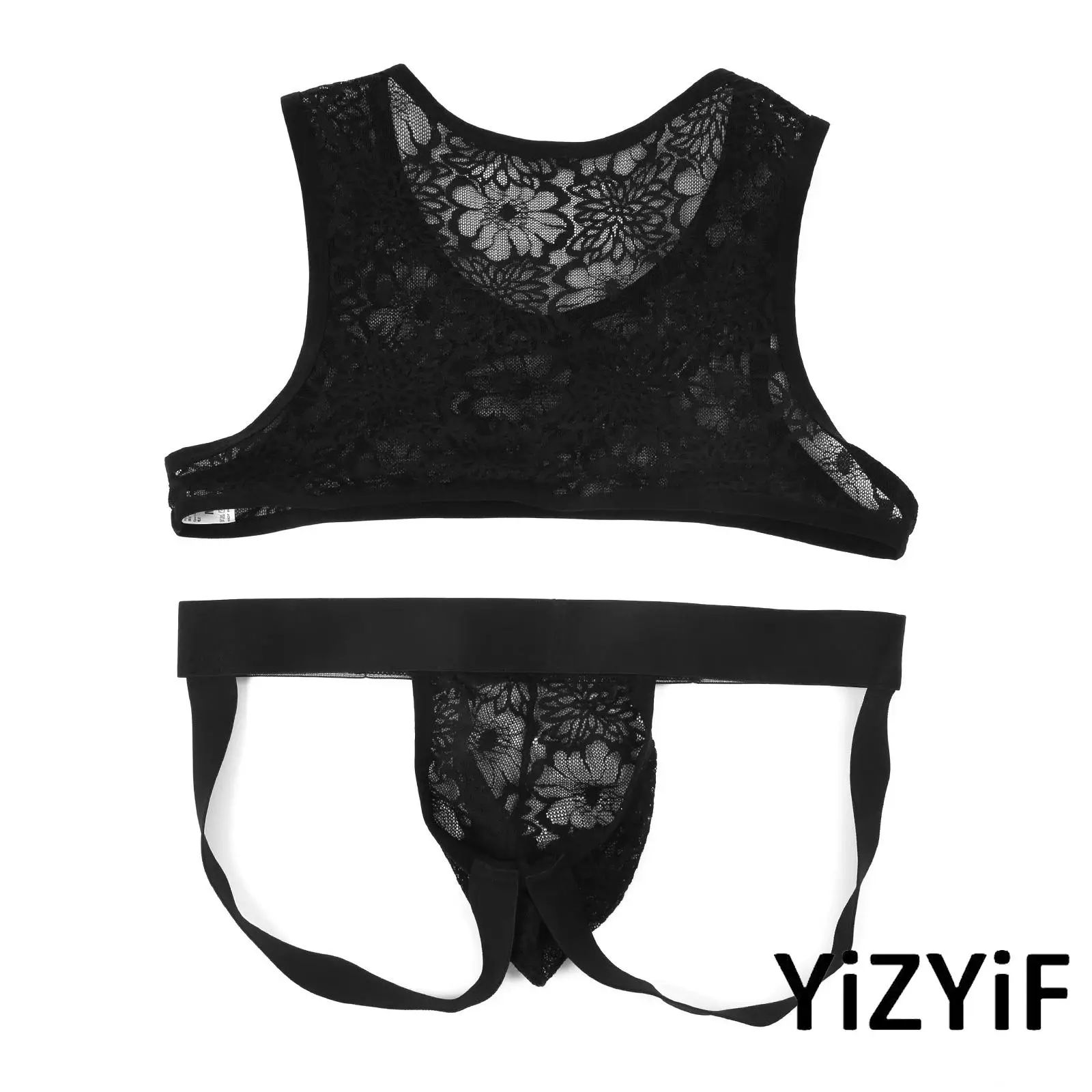 

Mens Sissy See Through Lace Lingerie Wear set Sleeveless Crop Tank Top And briefs Thong Underwear for Night date honeymoon