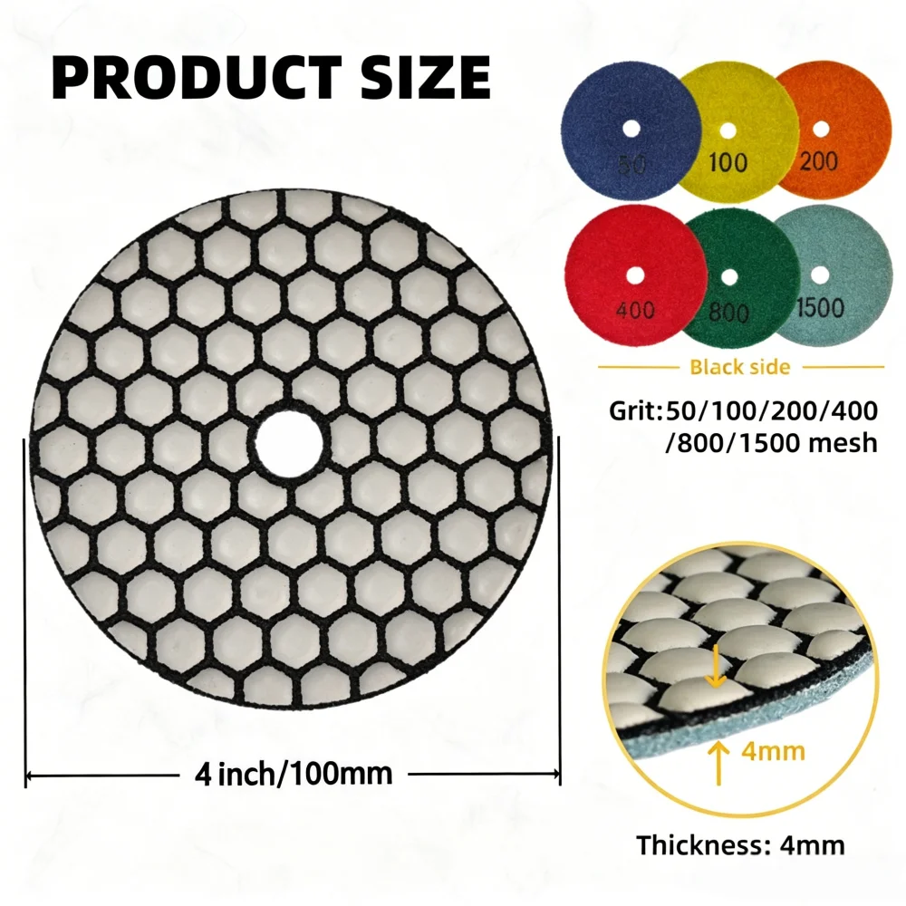 1/3/6/7pcs Flexible Diamond Dry Polishing Pads 4inch/100mm Resin Bond Sanding Discs for Granite Marble Ceramic Tile Polishing