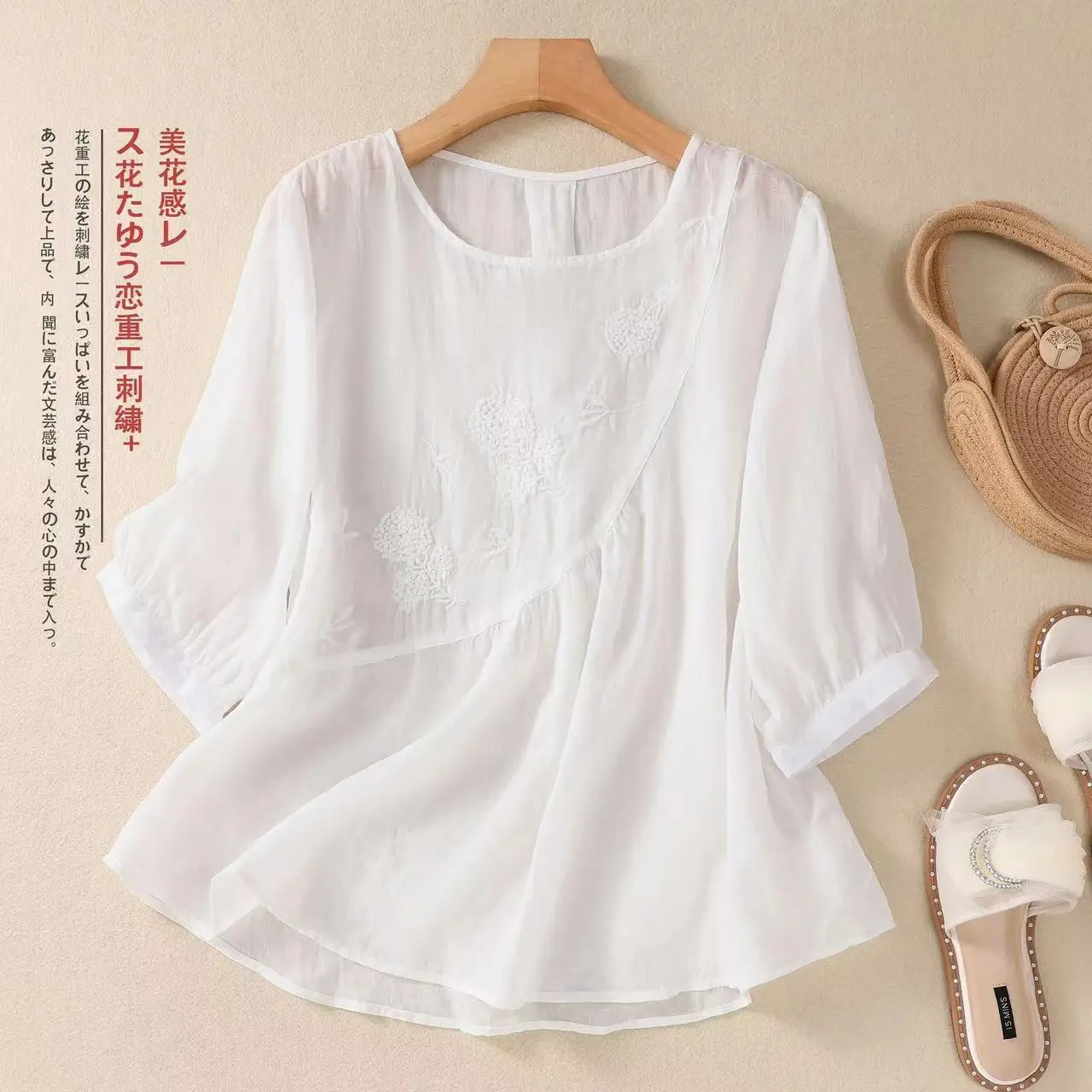 Vintage Thin Style Loose 3/4 Sleeve Embroidery Cotton and Linen Lady Round Neck Summer Appear Thin Multicolor All-match T-shirt